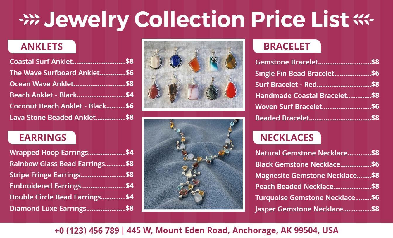 Stylish Jewelry Collection Price List Template