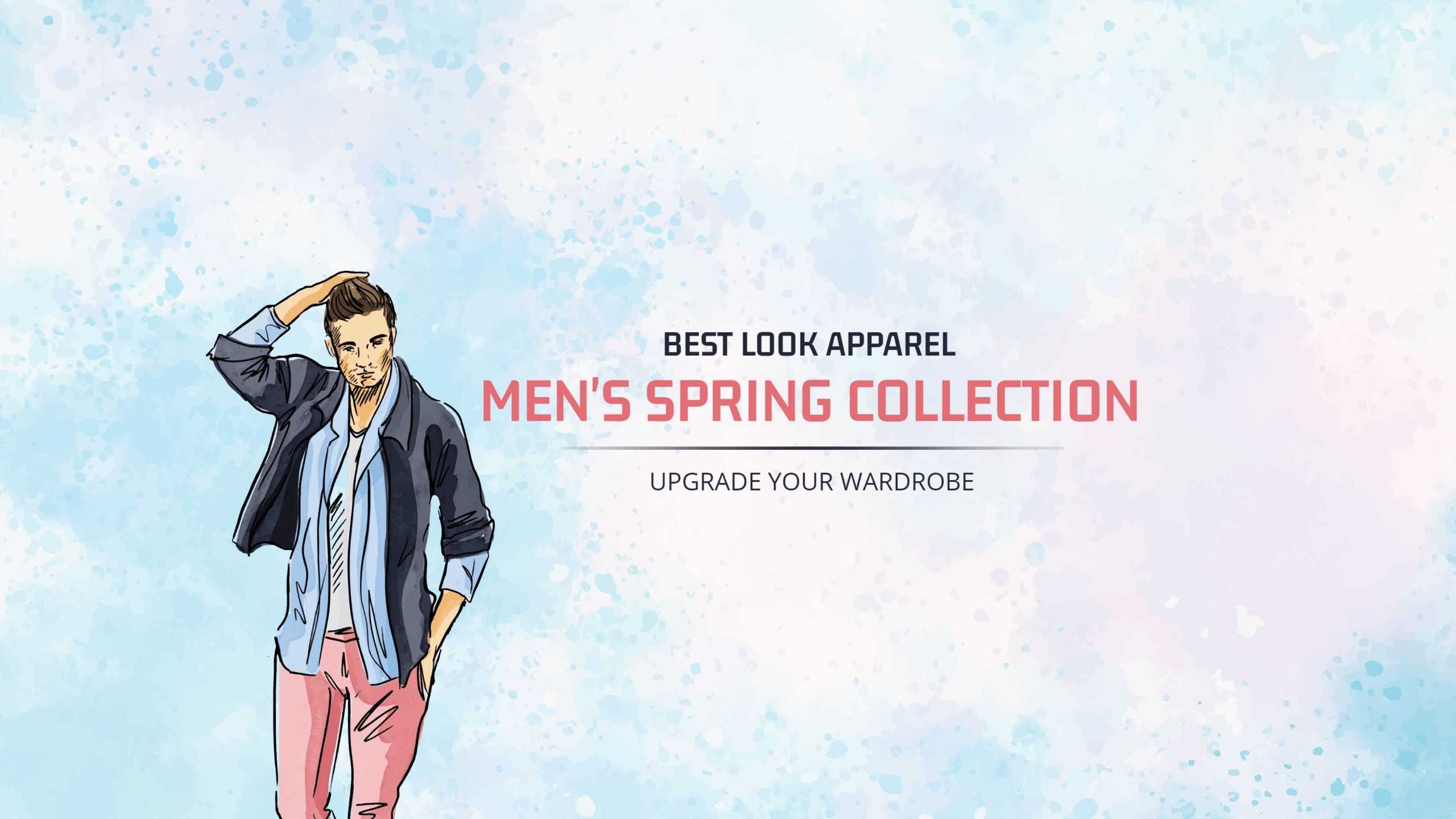 Stylish Men's Spring Collection on Soft Blue Background YouTube Banner Template