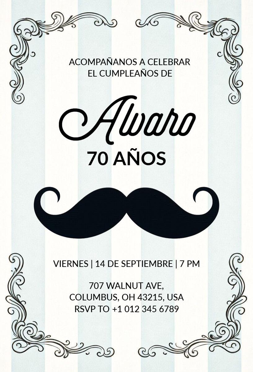 Stylish Mustache 70th Birthday Celebration Invitation Template