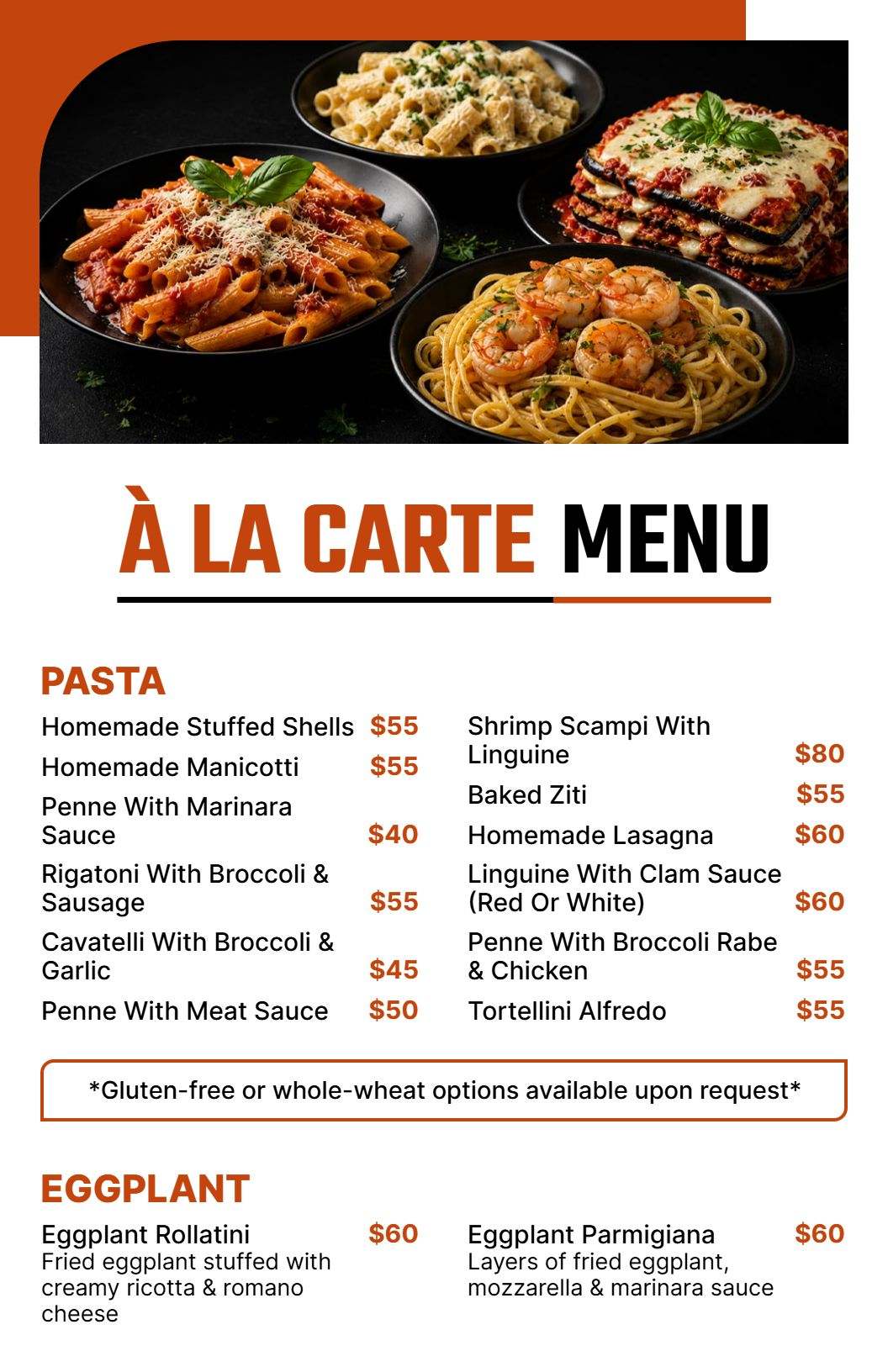 Stylish Orange Accented Italian a La Carte Menu Template