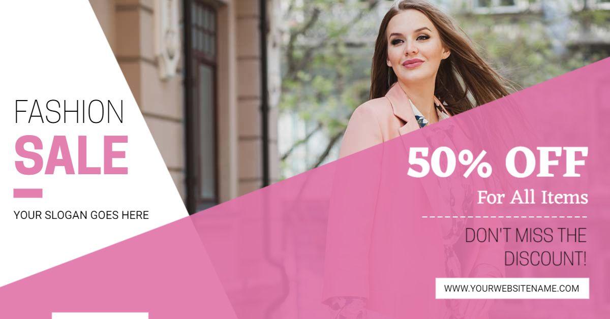 Stylish Pink Fashion Sale with 50 Percent Discount Banner Template