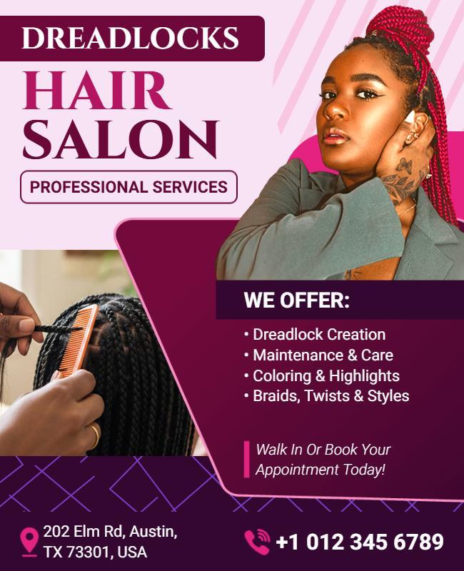 Stylish Purple Dreadlocks Hair Salon Services Flyer Template