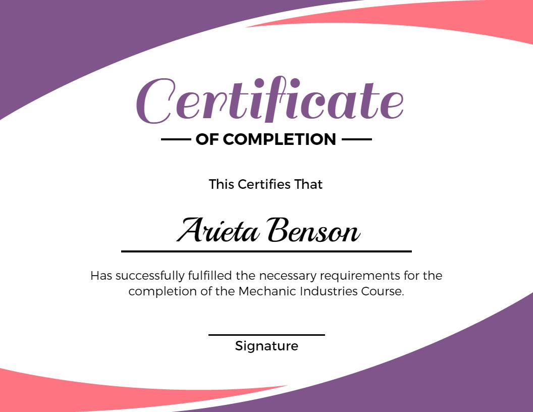 Stylish Purple Wave Design Completion Certificate Template