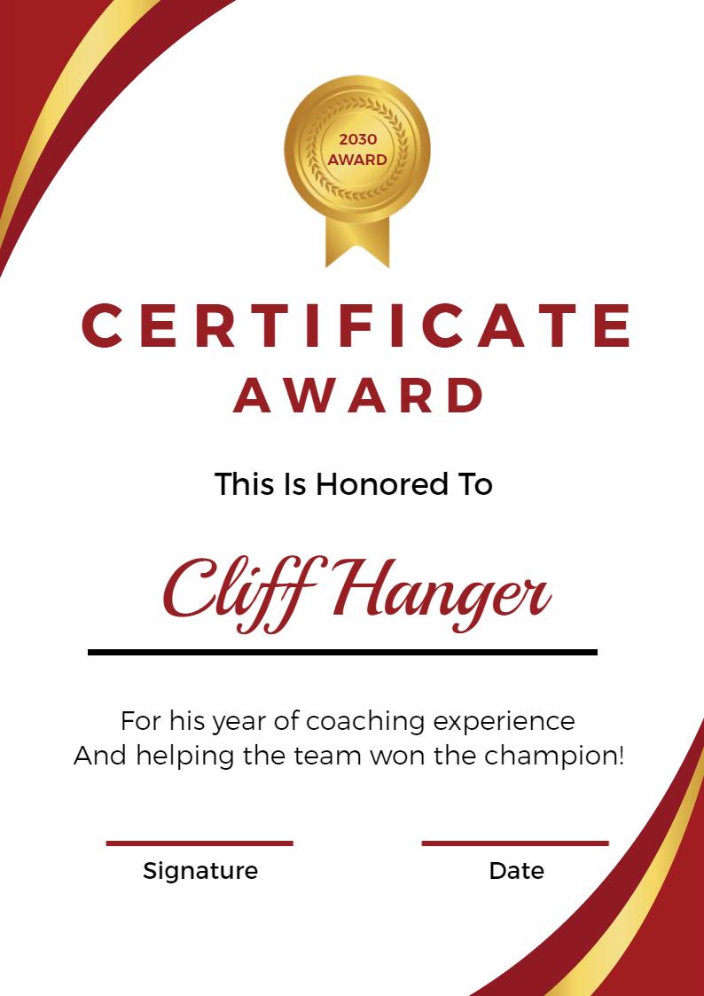 Stylish Red and Gold Coaching Achievement Award Certificate Template
