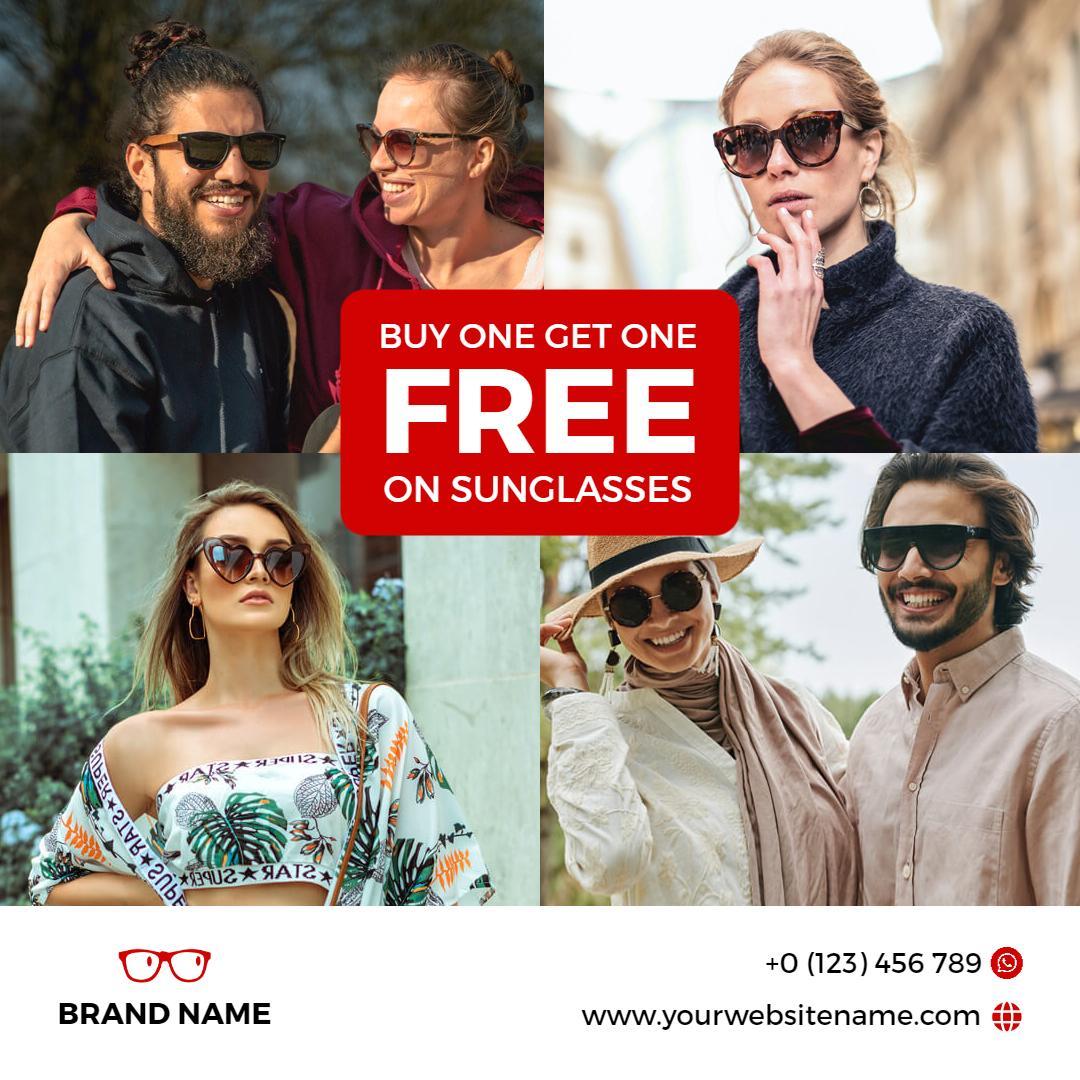 Stylish Sunglasses Promotion with Buy One Get One Free Offer Ad Template