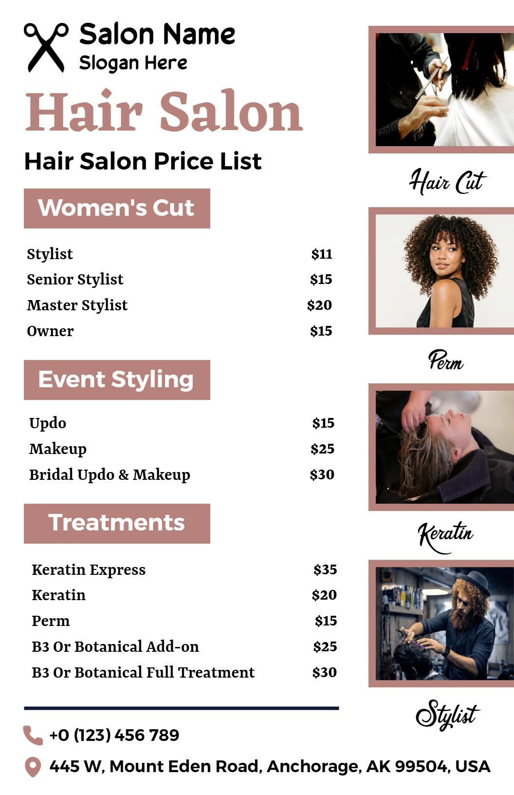 Stylish Women's Cuts and Luxurious Treatments Salon Price List Template