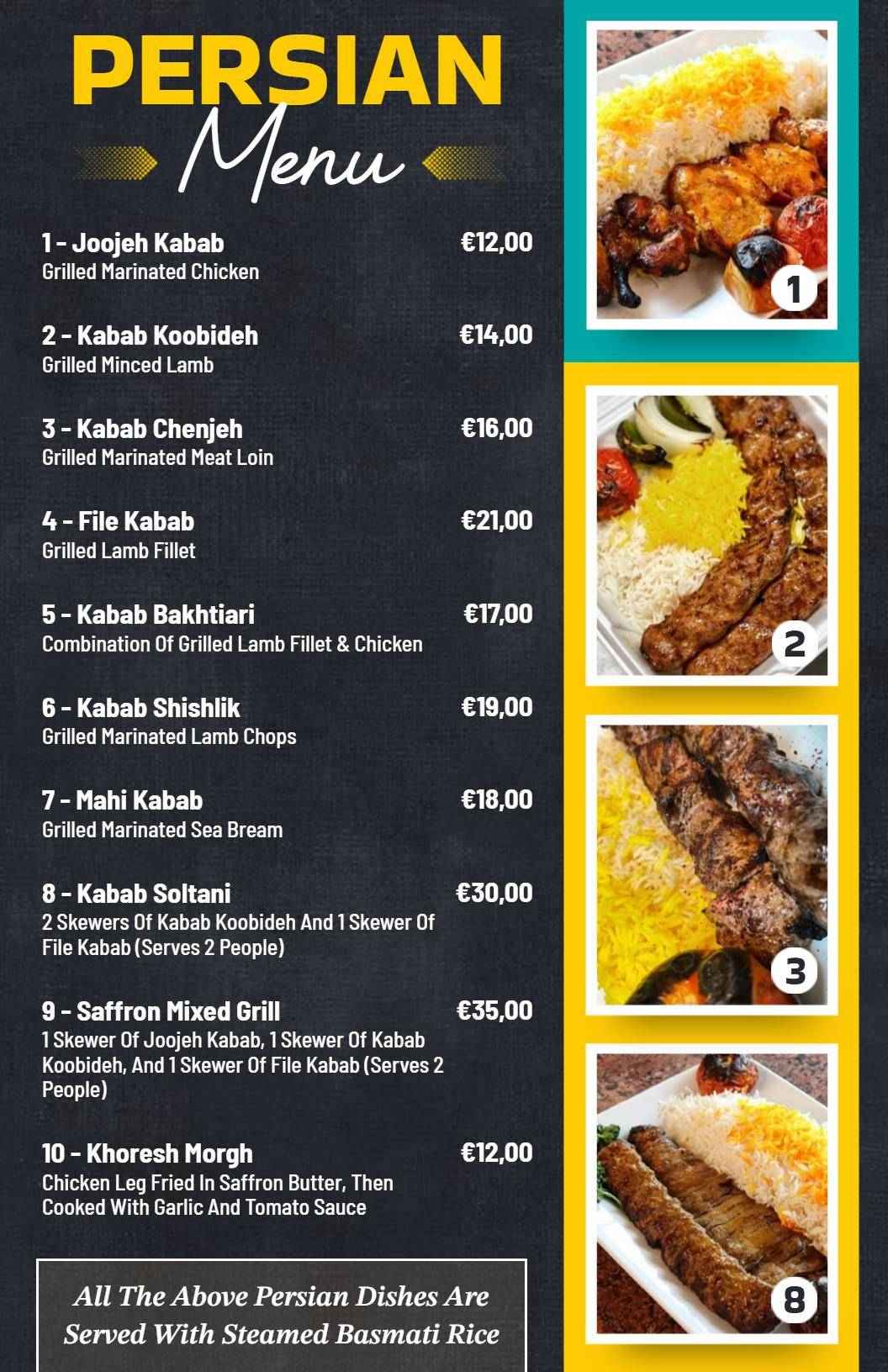 Stylish Yellow and Black Persian Grilled Dish Menu Template