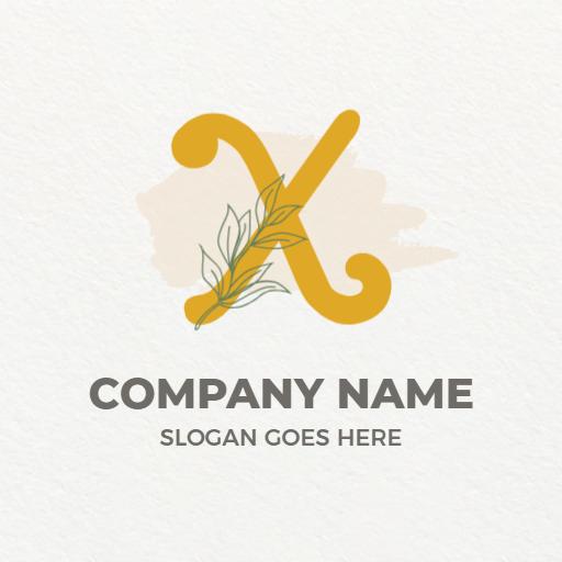 Stylish Yellow X Letter with Natural Leaves Design Logo Template