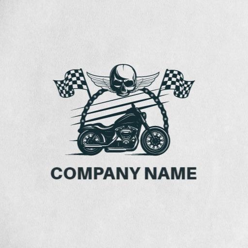 Stylized Black Motorcycle with Skull and Flags Logo Template