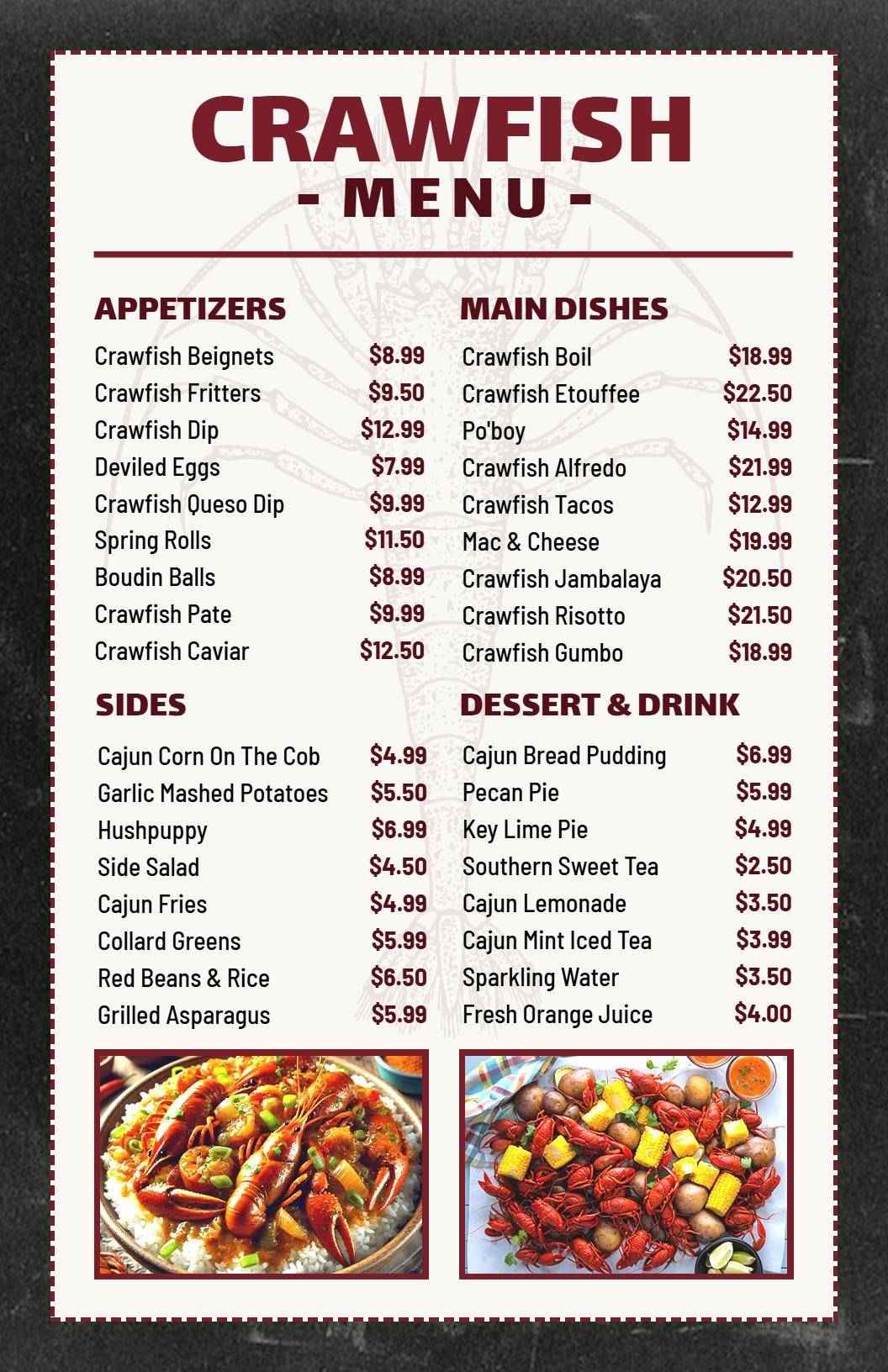 Succulent Crawfish and Spicy Cajun Delights Seafood Menu Template