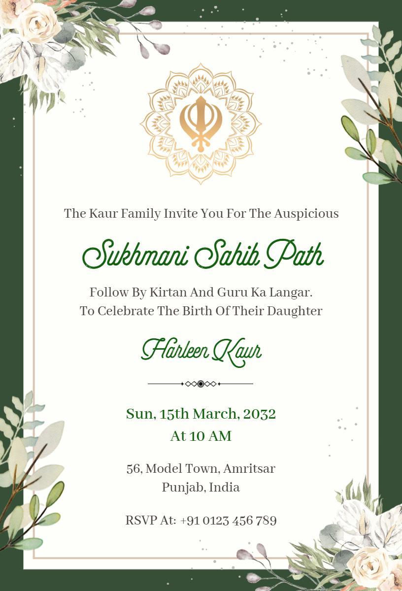 Sukhmani Sahib Path Birth Celebration Ceremony Invitation Template