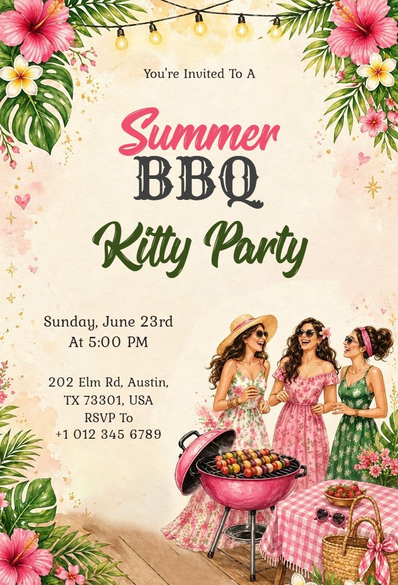 Summer BBQ Chic Kitty Party Celebration Invitation Template