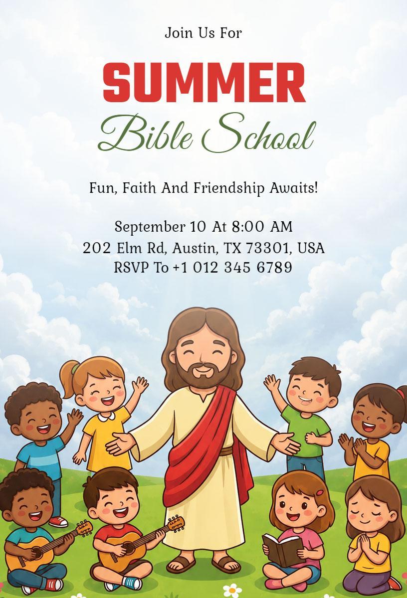 Summer Bible School Fun Faith Friendship Church Invitation Template