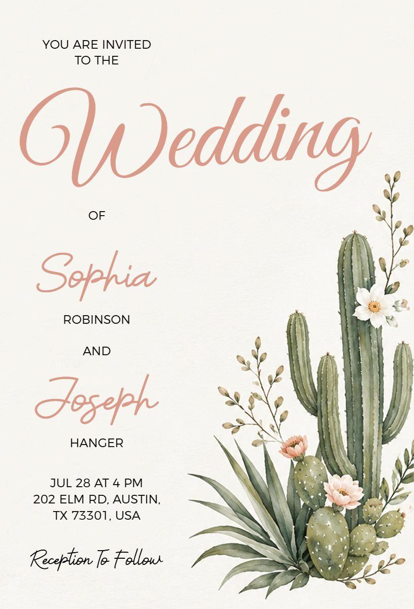 Summer Desert Cactus Wedding Invitation Template