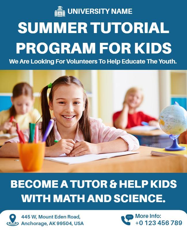 Summer Kids Tutorial Program Volunteer Flyer Template