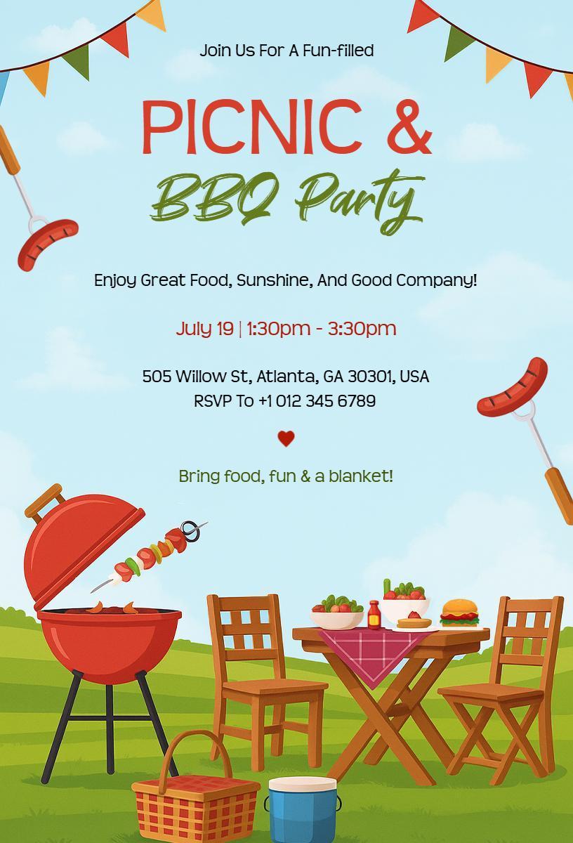 Summer Outdoor Picnic BBQ Party Invitation Template