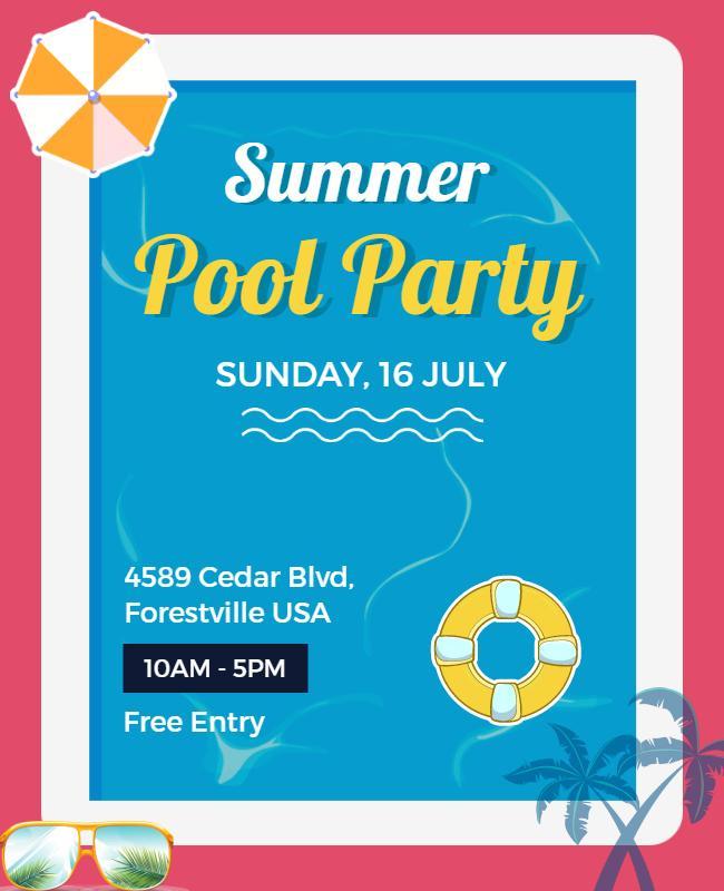 Vibrant Summer Pool Party with Palm Trees Flyer Template