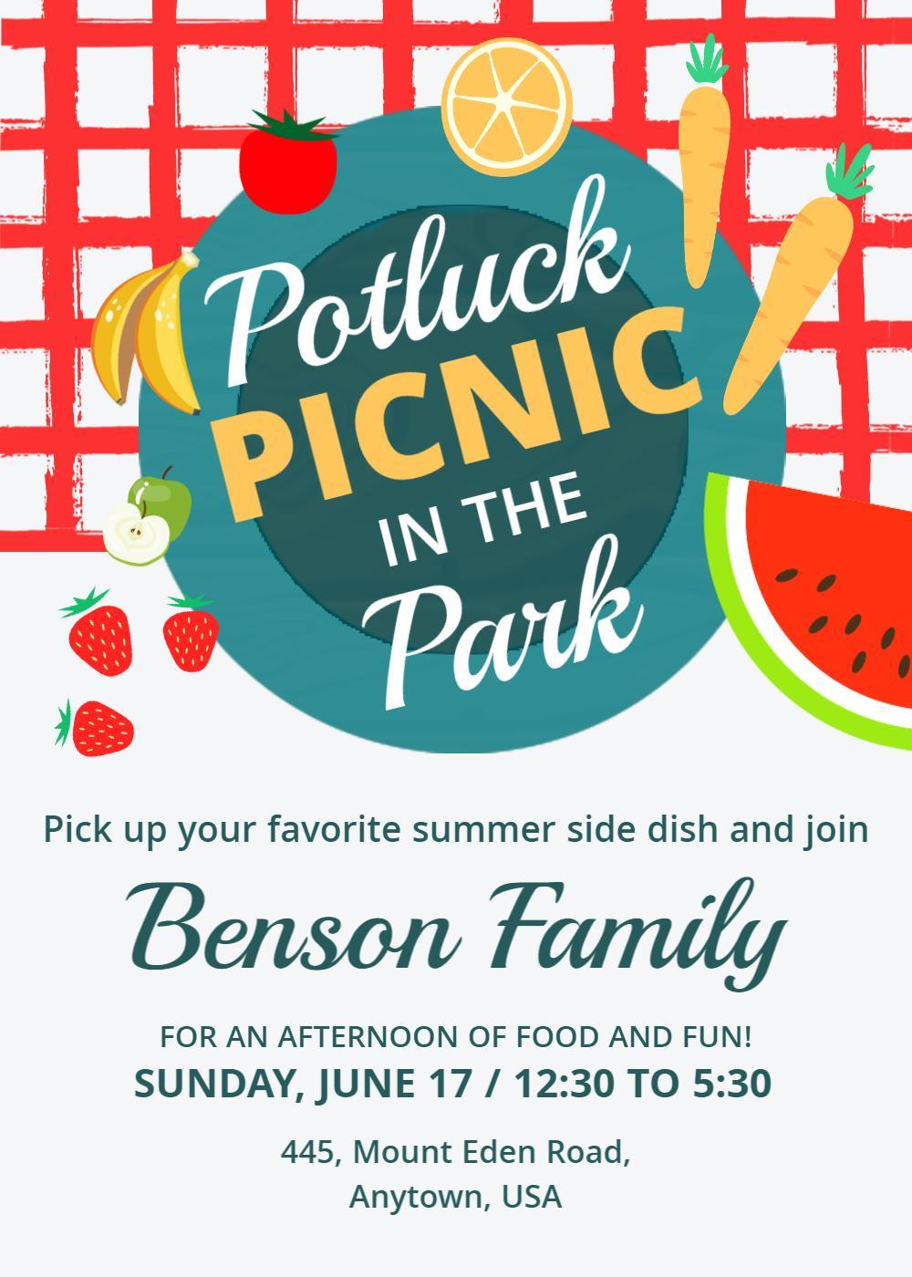 Summer Potluck Picnic Gathering in the Park Invitation Template