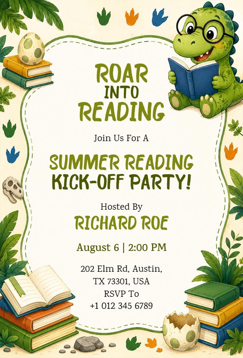 Summer Reading Kick-Off Roar Into Reading Party Invitation Template