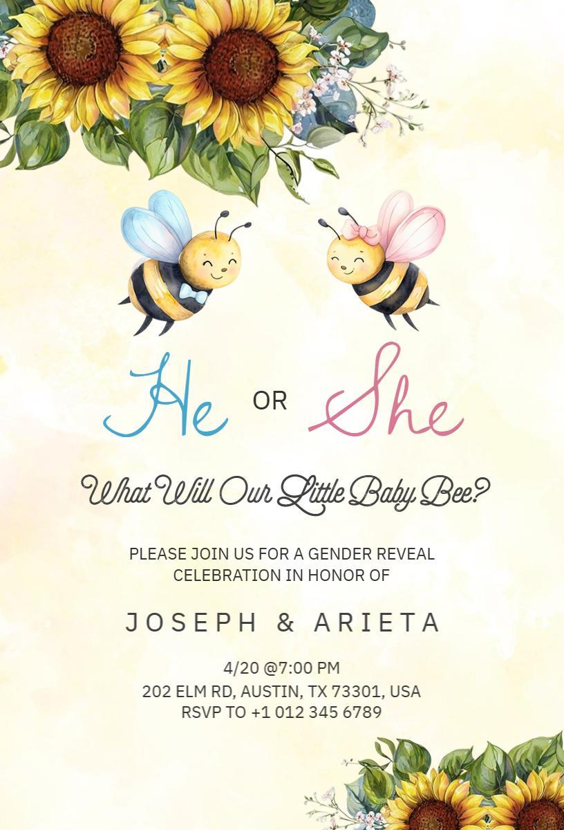 Sunflower Bee Themed Gender Reveal Celebration Invitation Template