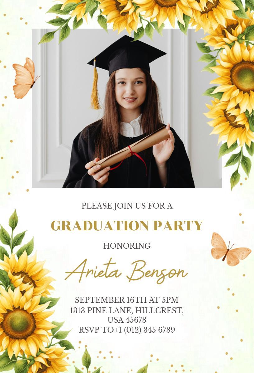 Sunflower Floral Photo Graduation Celebration Invitation Template