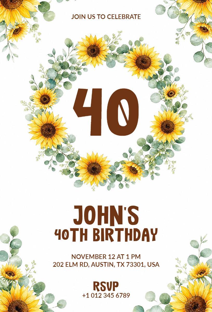 Sunflower Garden 40th Birthday Celebration Invitation Template