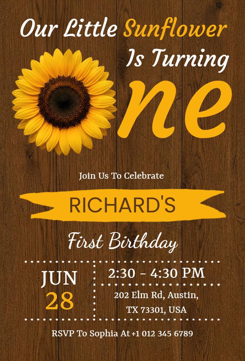 Sunflower Theme 1st Birthday Celebration Invitation Template