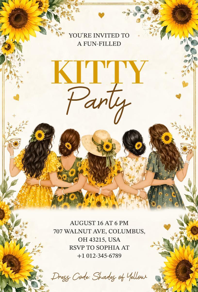 Sunflower Theme Fun-Filled Kitty Party Invitation Template