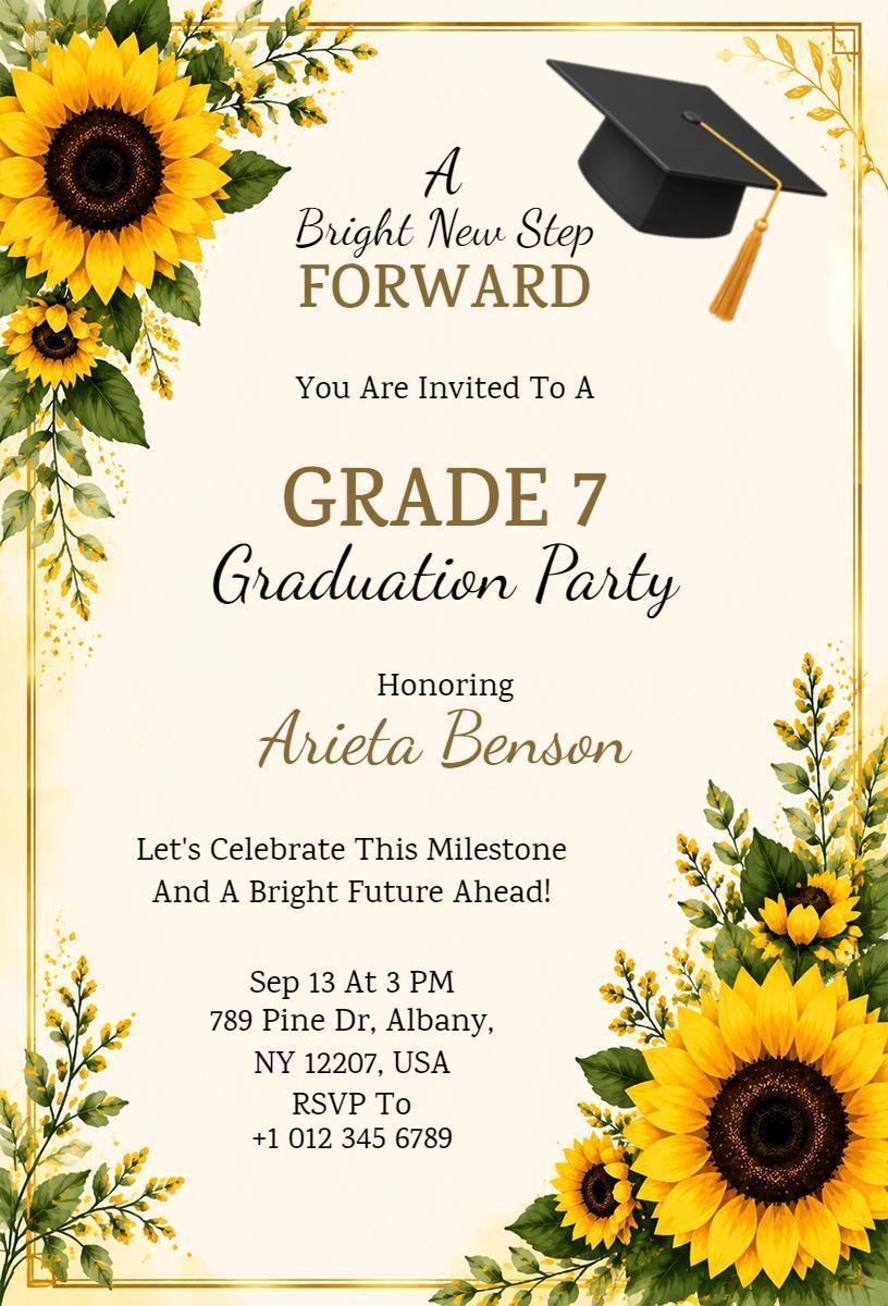 Sunflower Theme Grade 7 Graduation Celebration Invitation Template