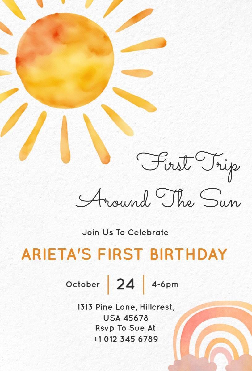 Sunny 1st Birthday Around the Sun Celebration Invitation Template