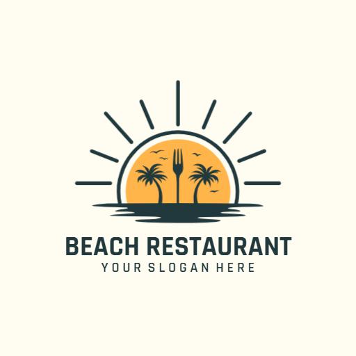 Sunny Beach Scene with Palm Trees for Restaurant Logo Template