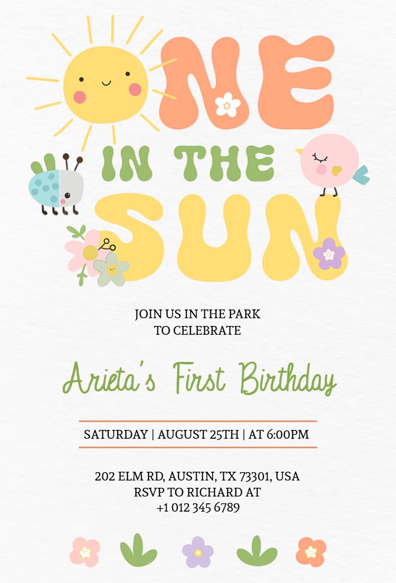 Sunny Outdoor One in the Sun 1st Birthday Invitation Template