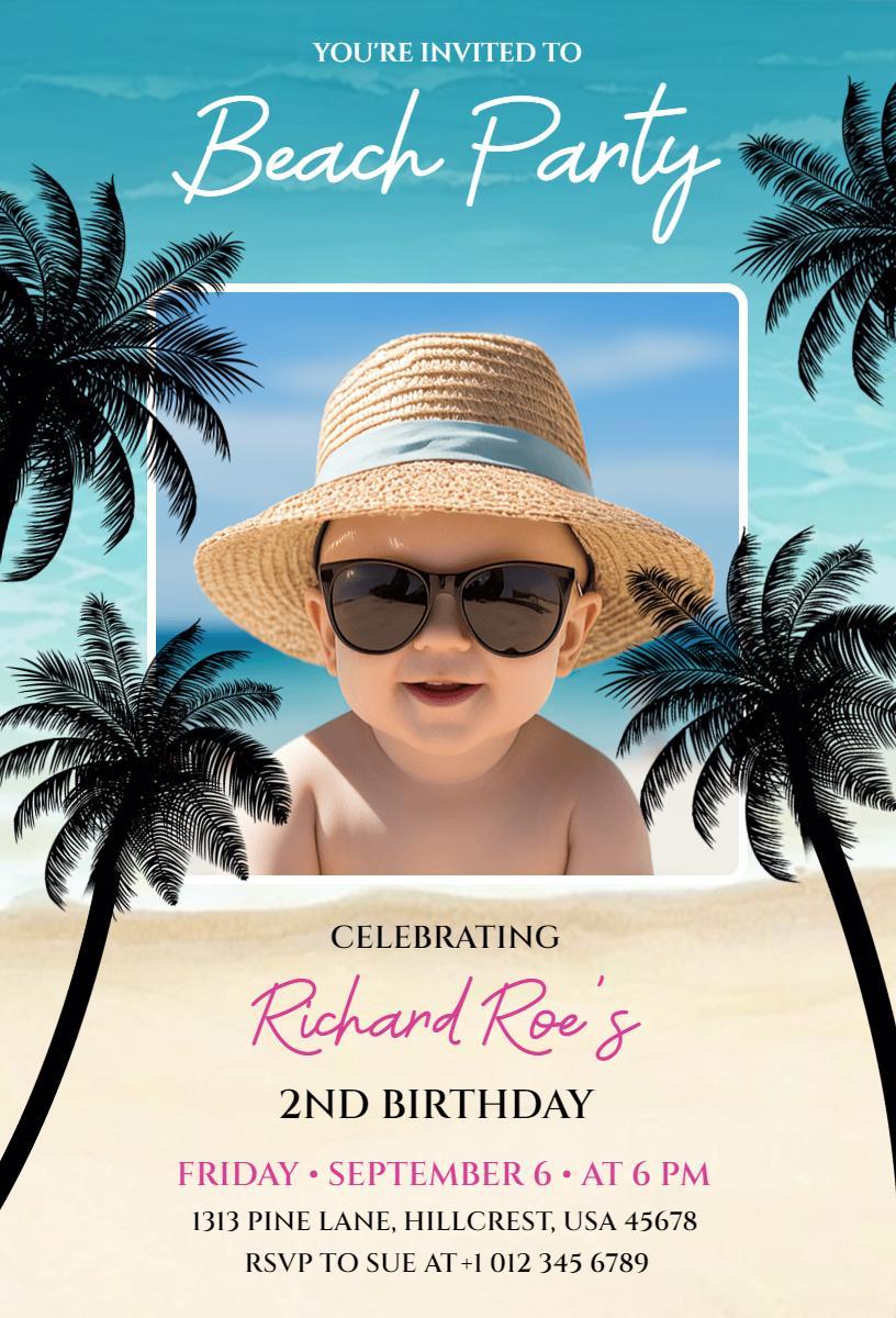 Sunny Tropical Beach Party Second Birthday Invitation Template