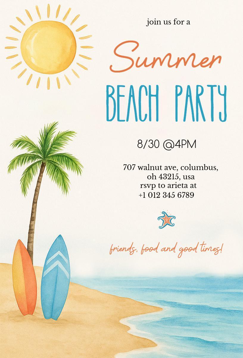 Sunny Tropical Summer Beach Party Celebration Invitation Template