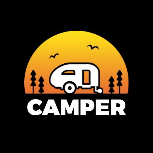 Sunset Over Mountains and Trees with Camper Logo Template