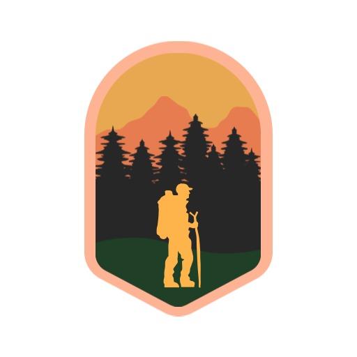 Sunset Silhouette of Hiker Amidst Forest for Travelling Logo Template
