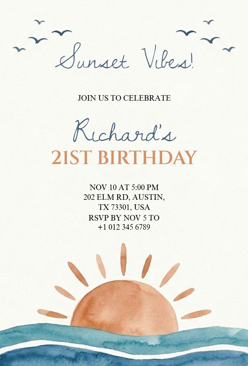 Sunset Vibes Coastal 21st Birthday Celebration Invitation Template