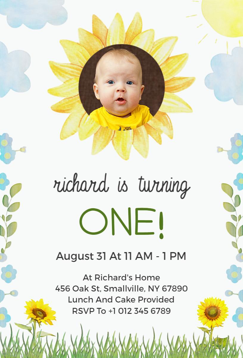 Sunshine Floral First Birthday Photo Celebration Invitation Template