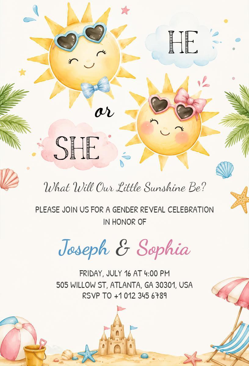 Sunshine Theme Gender Reveal Celebration Invitation Template
