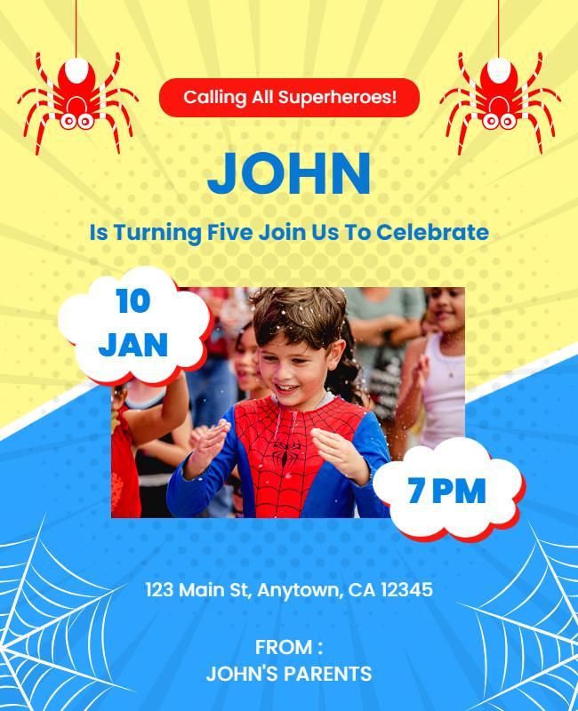 Superhero Themed Kids Birthday Party Flyer Template