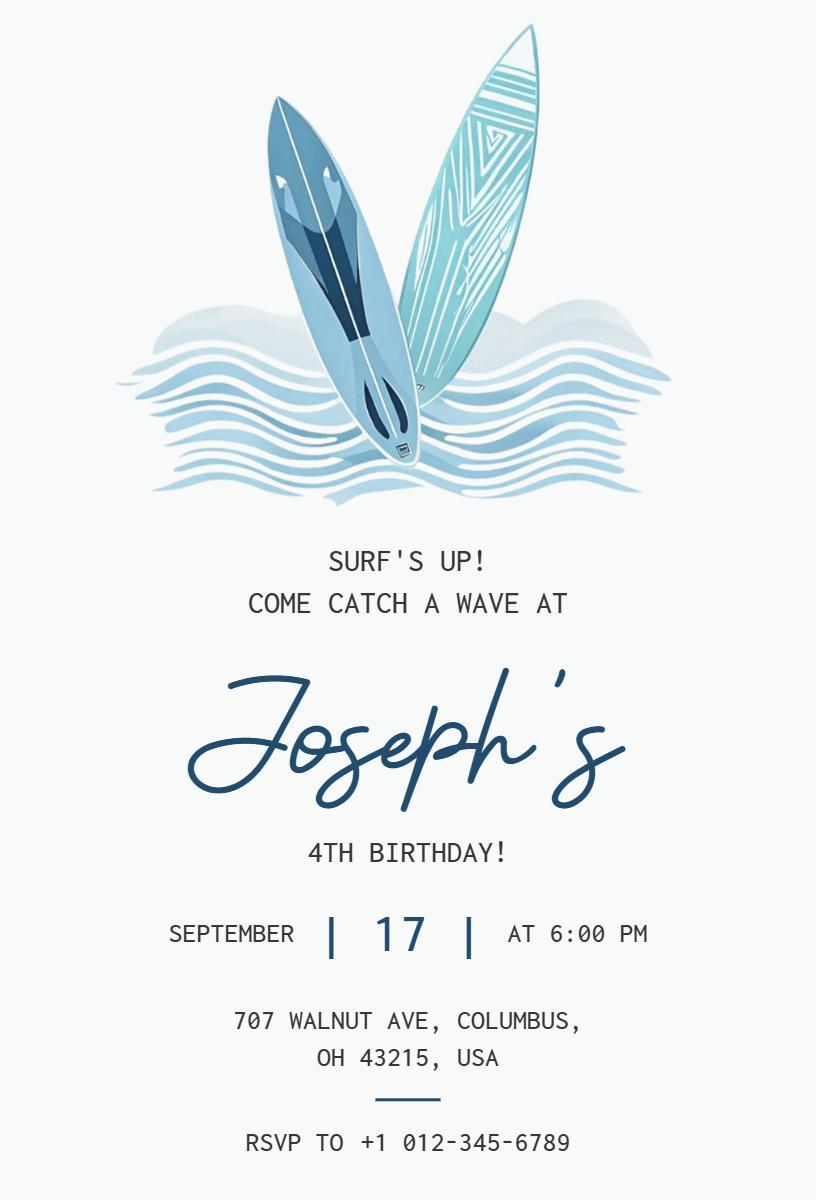 Surfboard Wave Fun Fourth Birthday Celebration Invitation Template