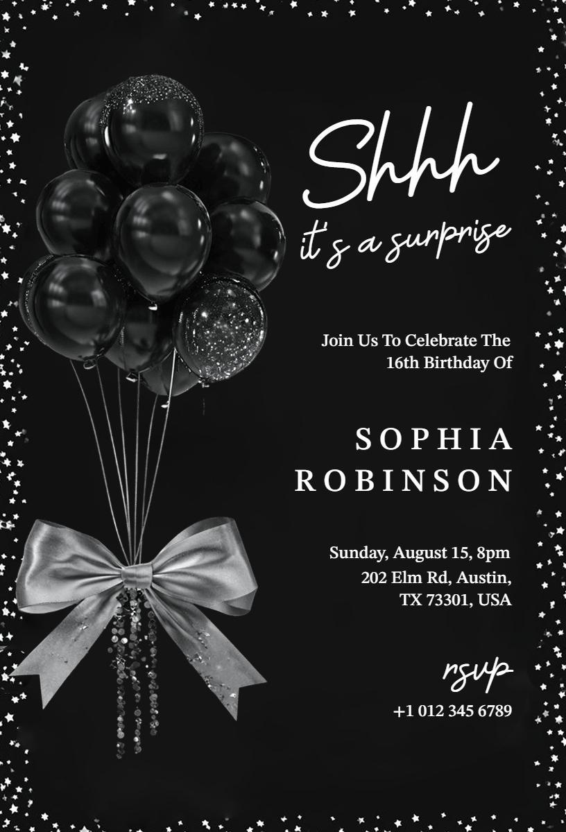 Surprise Black Balloon Elegant Sweet 16 Birthday Invitation Template
