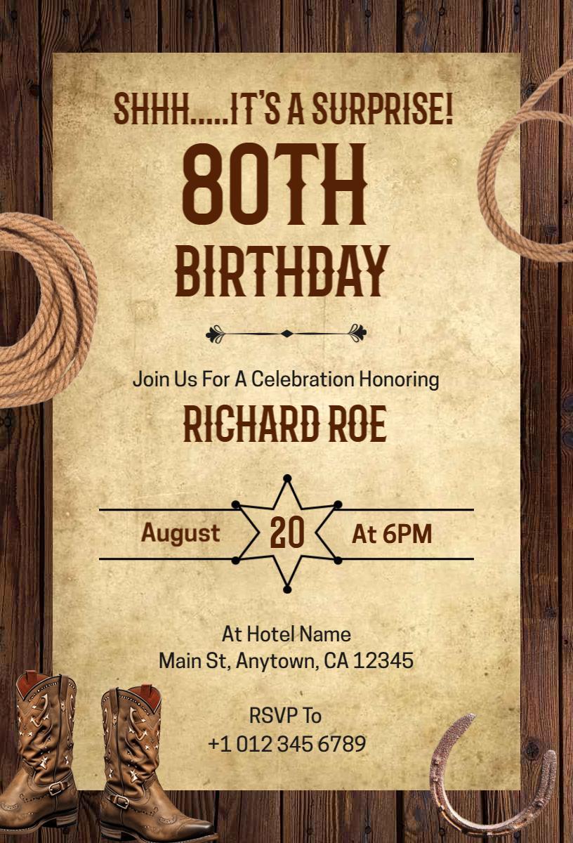 Surprise Cowboy Western 80th Birthday Celebration Invitation Template