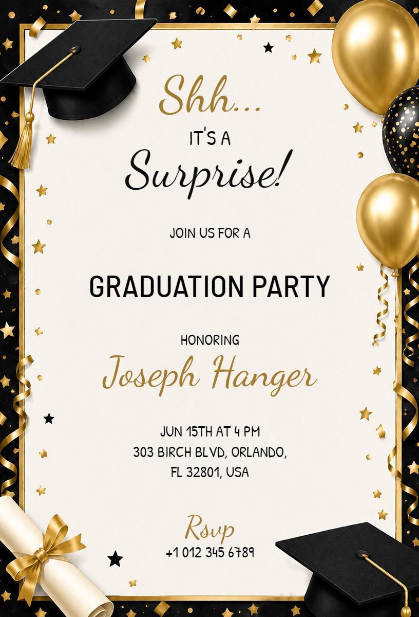 Surprise Gold Black Graduation Party Celebration Invitation Template