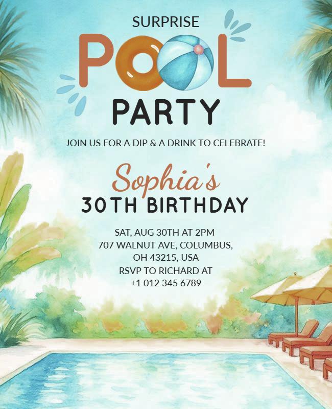 Surprise Pool Party 30th Birthday Celebration Flyer Template