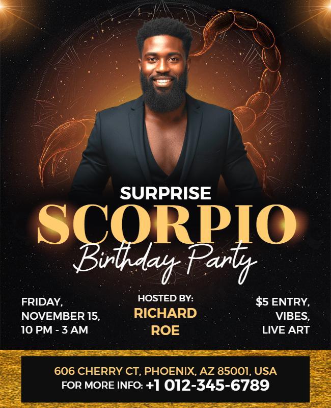 Surprise Scorpio Zodiac Birthday Party Flyer Template