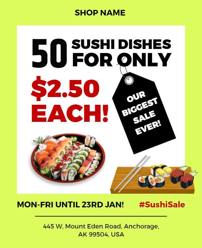 Bright Green Bold Sushi Sale for 50 Dishes Flyer Template