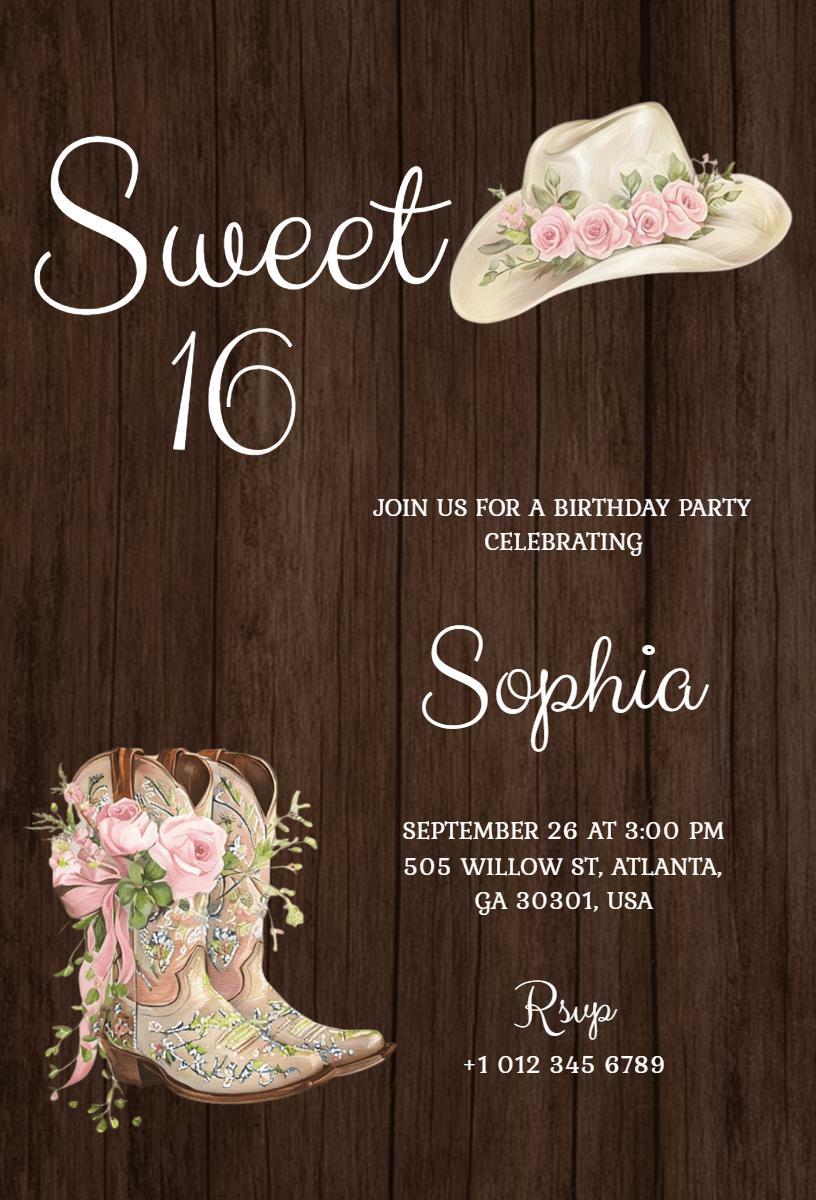 Sweet 16 Cowgirl Floral Birthday Celebration Invitation Template
