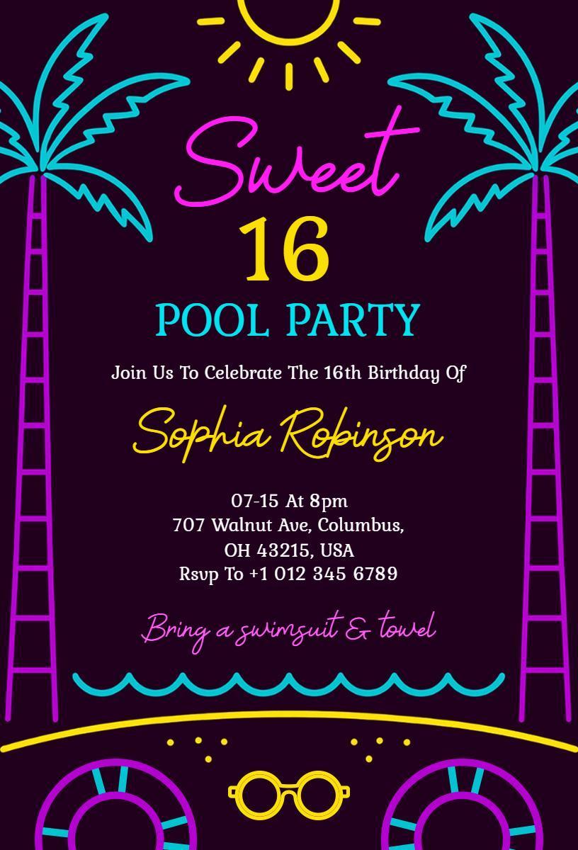 Sweet 16 Neon Pool Party Celebration Invitation Template