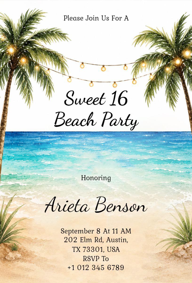 Sweet 16 Tropical Beach Party Celebration Invitation Template